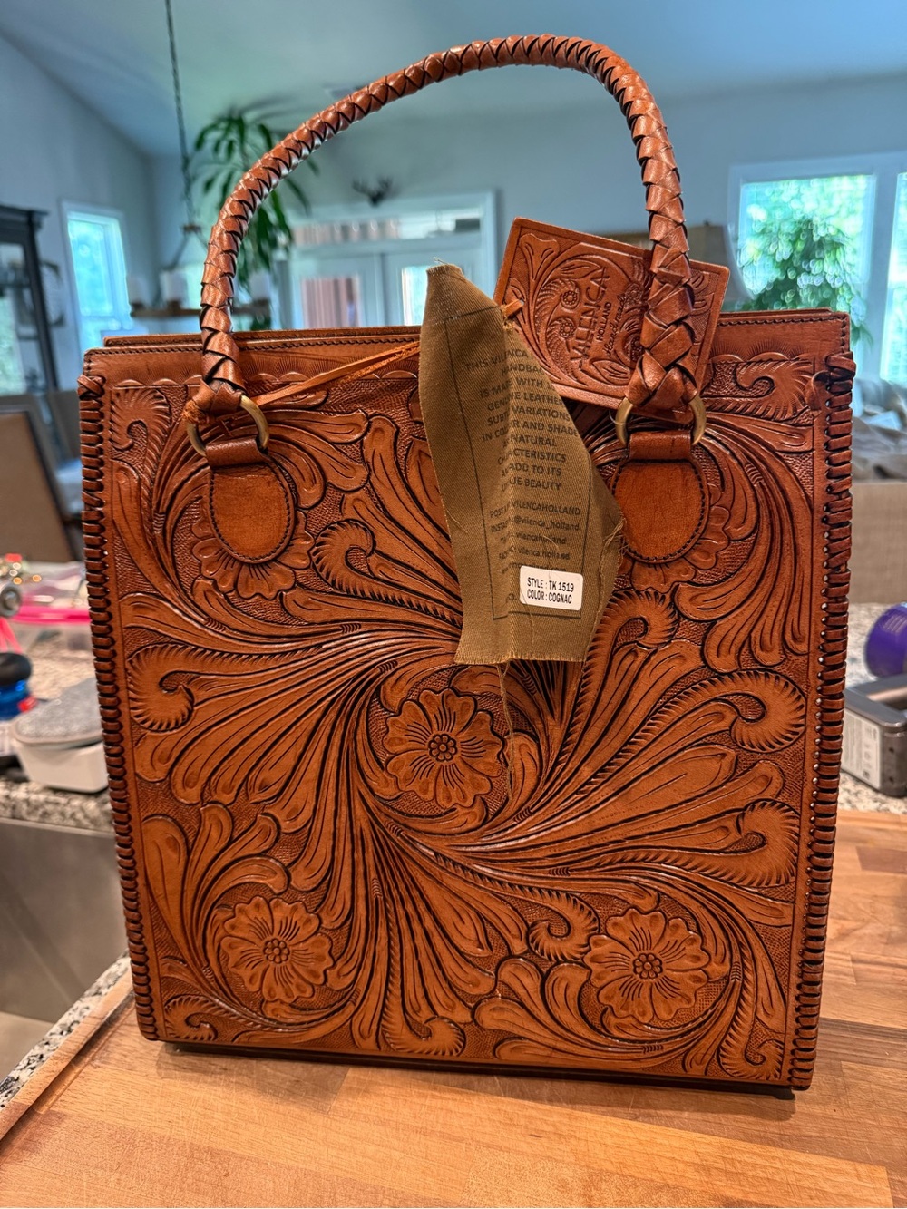 Tooled Leather Floral Tote - Cognac vilenca made in Portugal. NWT